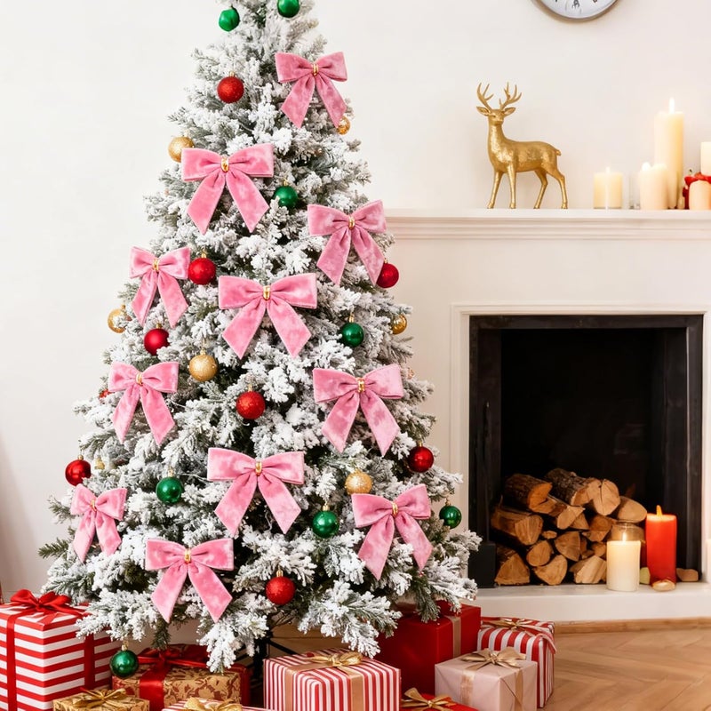 REDWORD 30PCs Pink Bows for Christmas Tree, 3.5 x 3.5 Inch Pink Velvet Bows Vintage Xmas Velvet Ribbon Bow Holiday Ornaments for Christmas Decoration Holiday Decor, Gift Wrapping and Wedding - Image 3